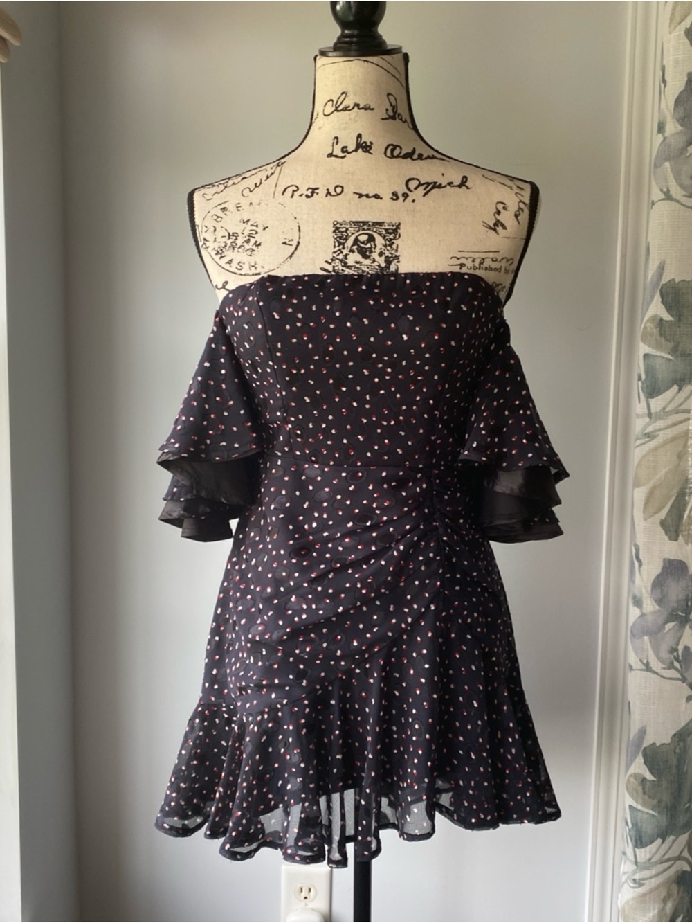 Hello Molly Polka Dot off the shoulder dress - Navy - size small